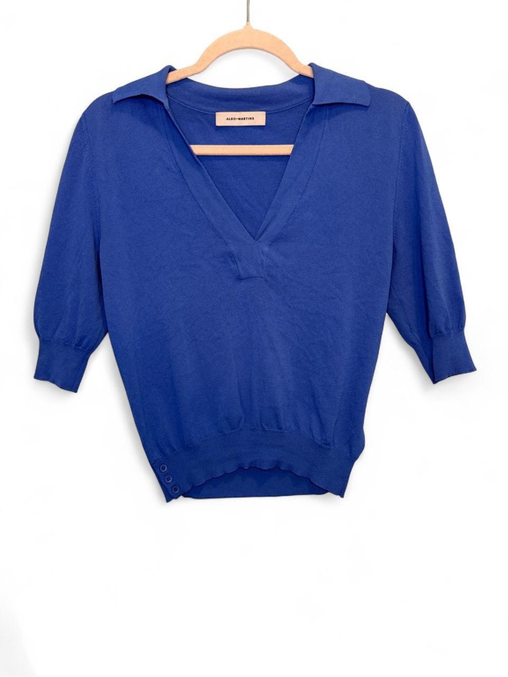 Aldo Martins Blue Knit Polo Top V Neck Sweater Size XS Preppy Workwear Luxury